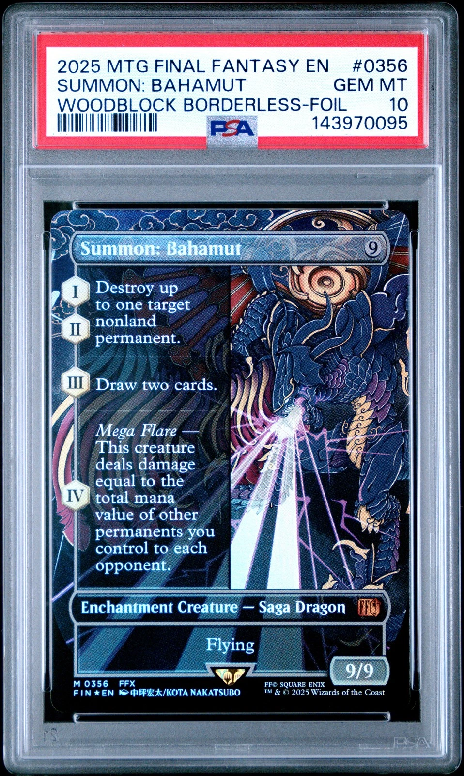2025 MTG FINAL FANTASY WOODBLOCK BORDERLESS-FOIL #0356 SUMMON: BAHAMUT PSA 10